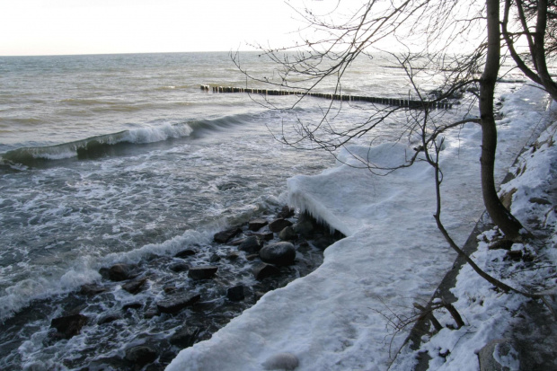 widok z falochronu #lód #morze #plaża #woda #zima
