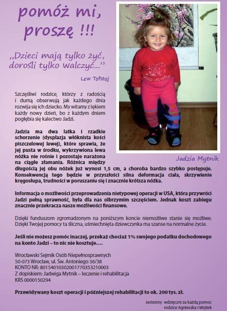 Jadwiga Mytnik - deformacja podudzia lewego, dysplazja włóknista kości piszczelowej ----
http://pomagamy.dbv.pl/ #pomagamydbvpl #StronaInformacyjna #ApelOPomoc #LudzkaTragedia #PomocPotrzebującym #PomocDziecku #pomoc #PomocCharytatywna #turnusy