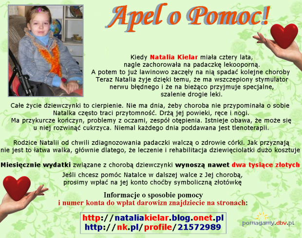 Natalia Kielar - Padaczka lekooporna --- http://pomagamy.dbv.pl/ #NataliaKielar #PadaczkaLekooporna #pomagamydbvpl #StronaInformacyjna #ApelOPomoc #LudzkaTragedia #PomocPotrzebującym #PomocDziecku #pomoc #PomocCharytatywna #rehabilitacja #turnusy