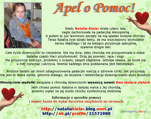 Natalia Kielar - Padaczka lekooporna --- http://pomagamy.dbv.pl/ #NataliaKielar #PadaczkaLekooporna #pomagamydbvpl #StronaInformacyjna #ApelOPomoc #LudzkaTragedia #PomocPotrzebującym #PomocDziecku #pomoc #PomocCharytatywna #rehabilitacja #turnusy